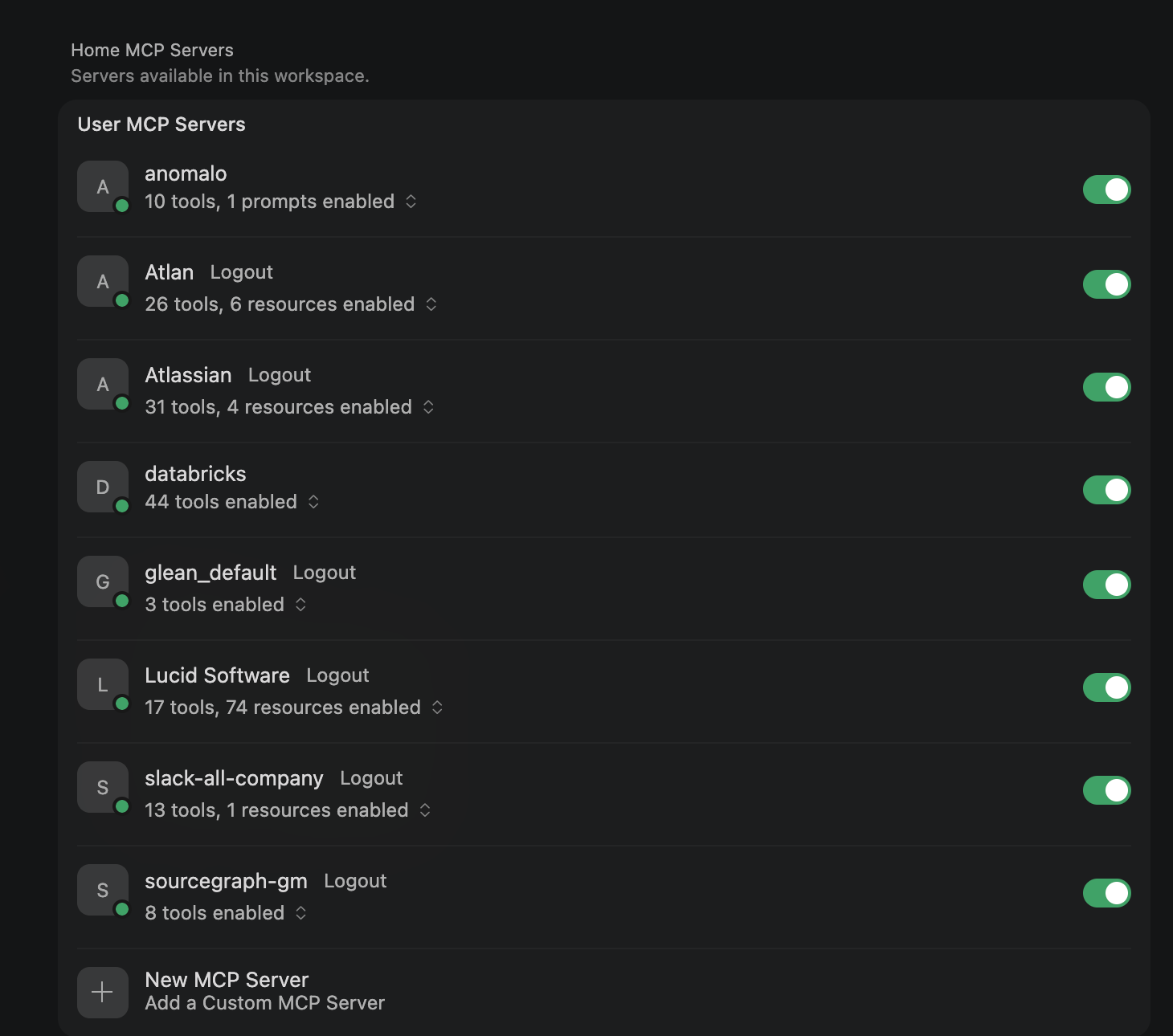 Cursor MCP Settings panel showing all servers connected with green dots